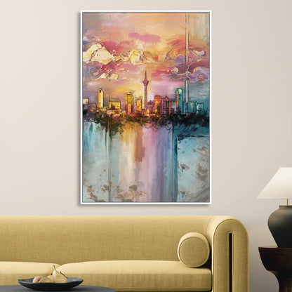 San Antonio Skyline Sunset Sitting Room - White Canvas Wall Art