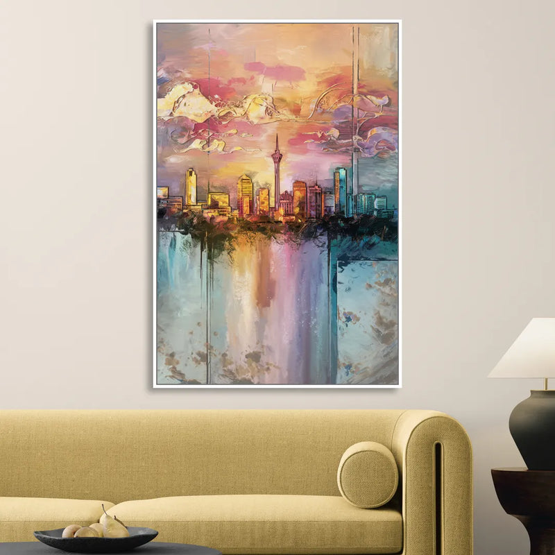 San Antonio Skyline Sunset Sitting Room - White Canvas Wall Art