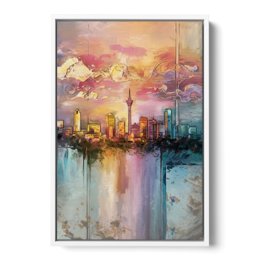 San Antonio Skyline Sunset - White Framed Canvas Wall Art - Front