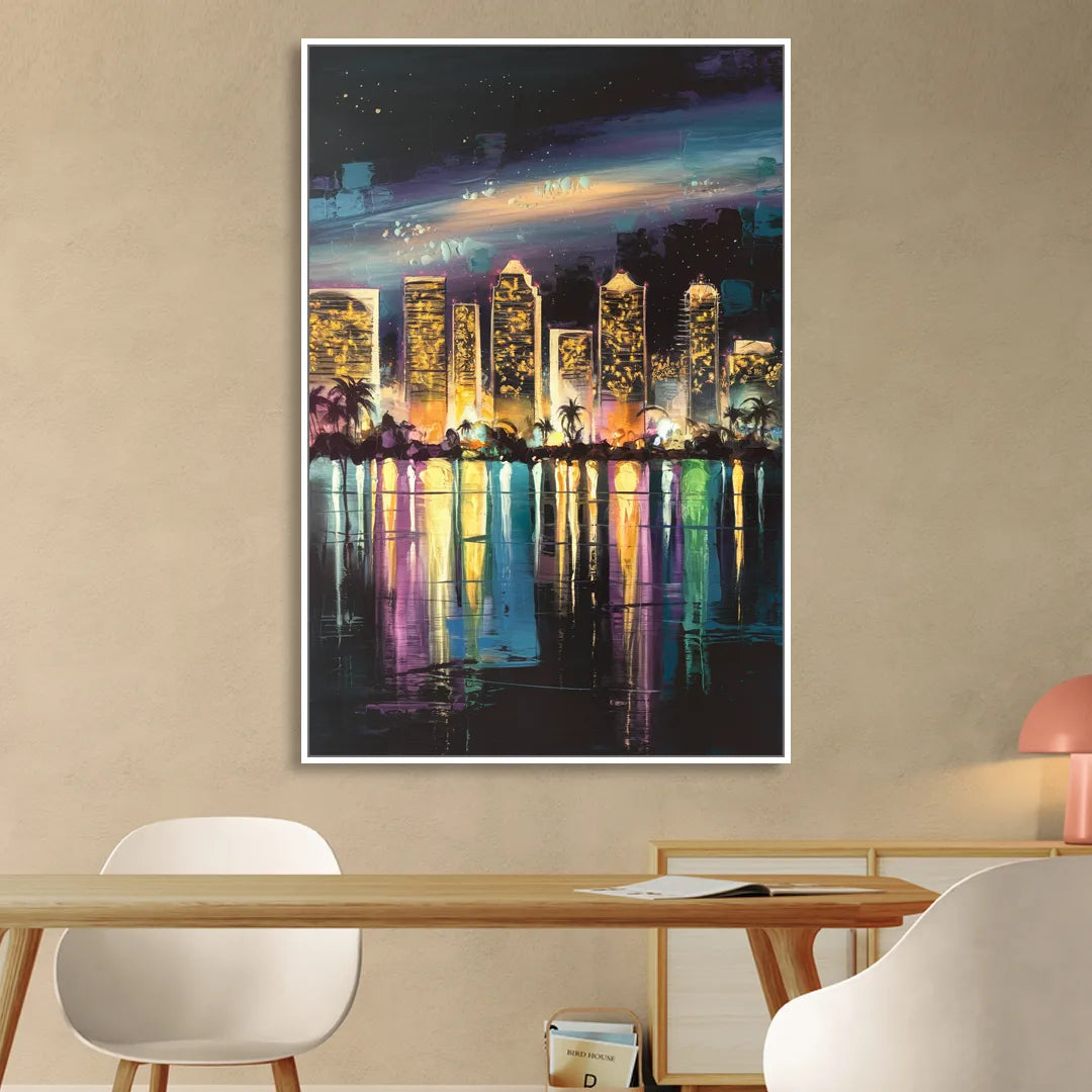San Diego City Lights Sitting Room - White Canvas Wall Art