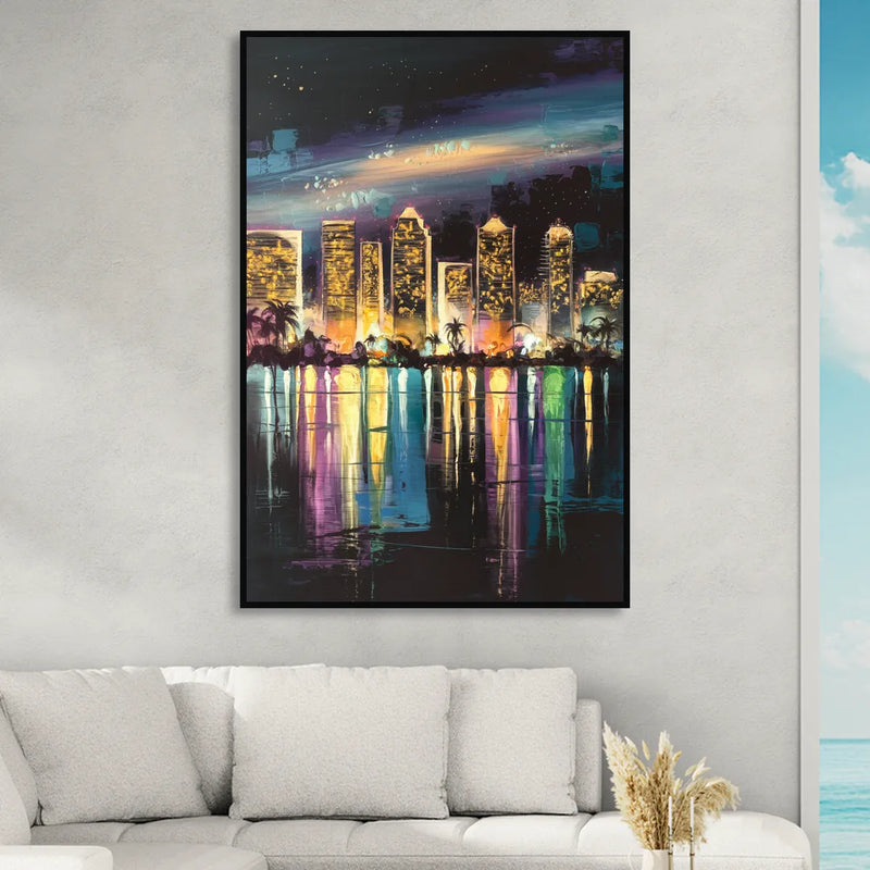 San Diego City Lights Sitting Room - Black Canvas Wall Art