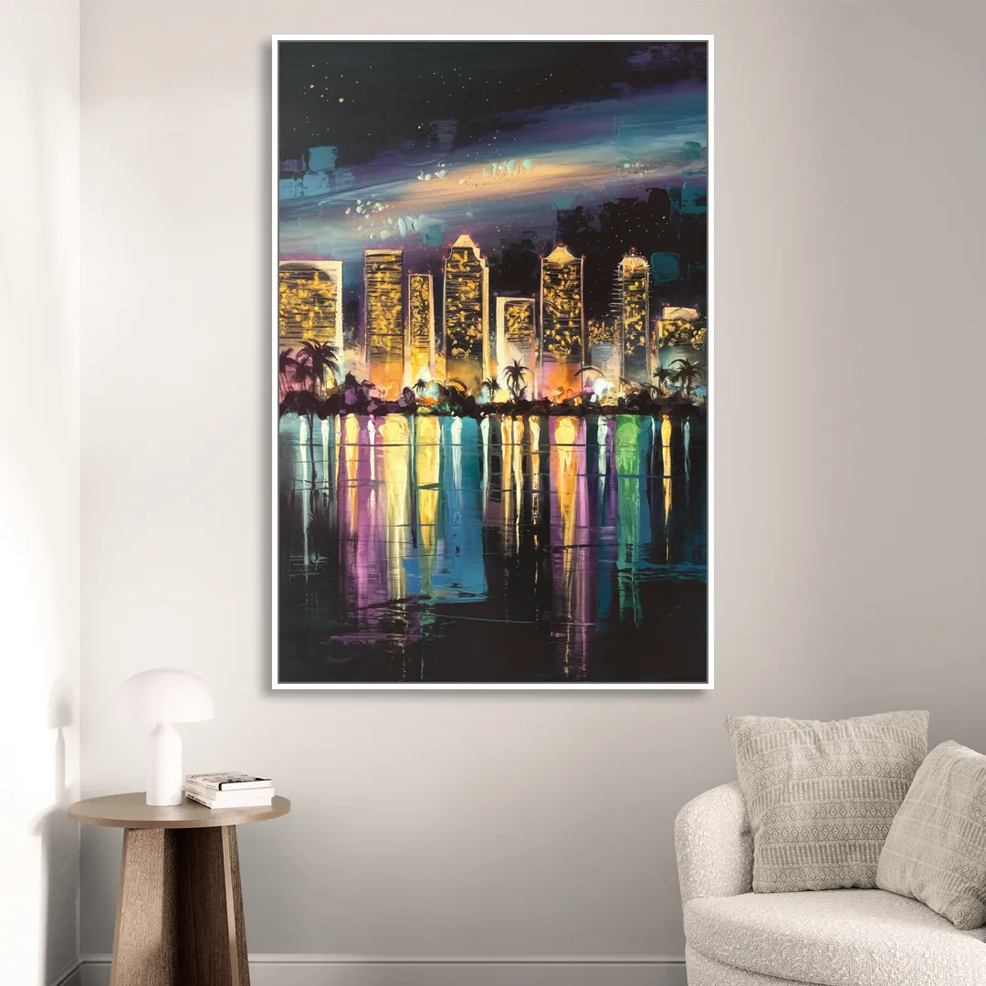 San Diego City Lights Living Room - White Canvas Wall Art