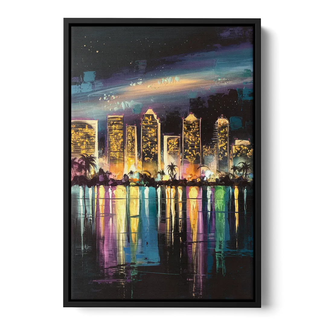 San Diego City Lights Front - Black Canvas Wall Art