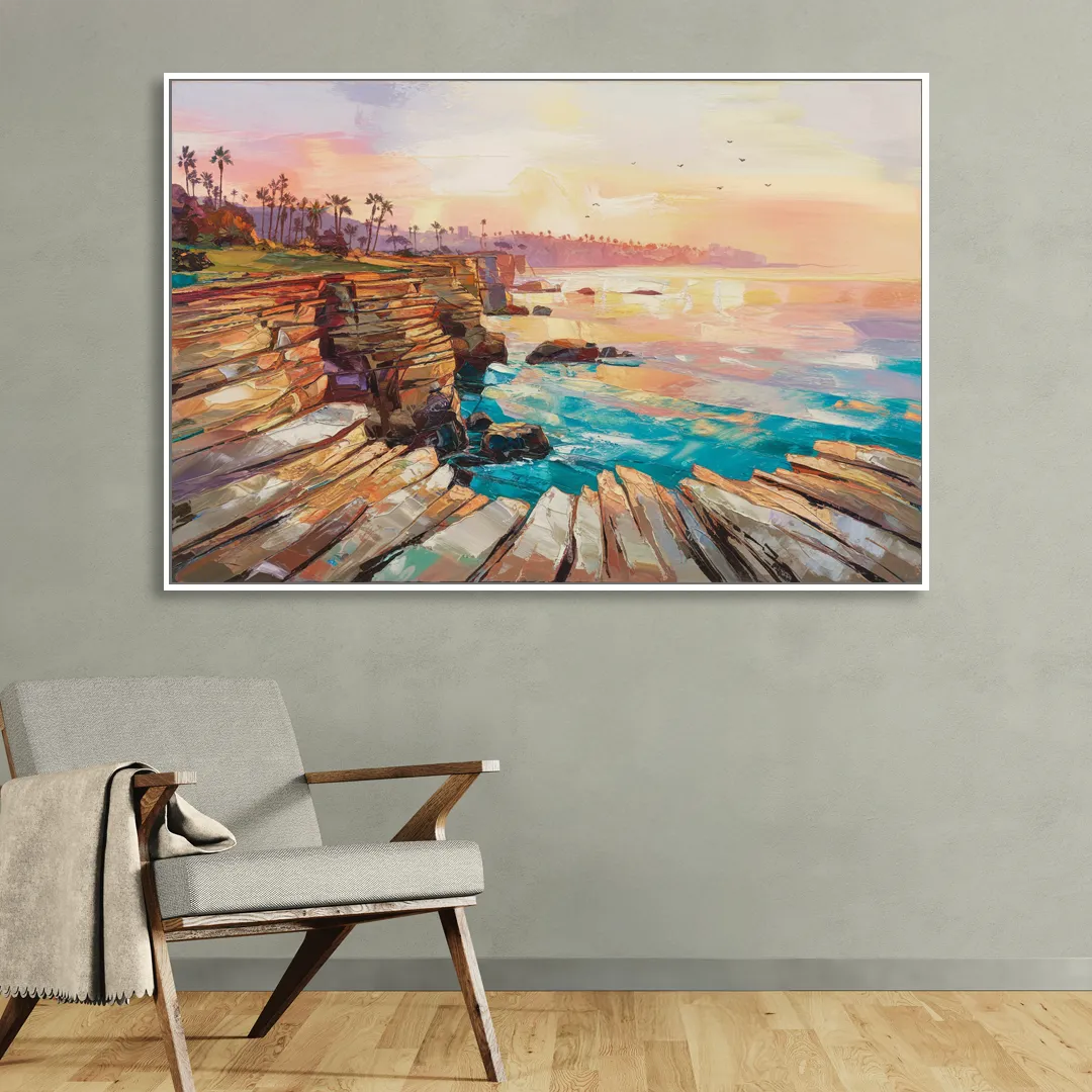 San Diego Coastal Cliffs Sitting Room - White Canvas Wall Art
