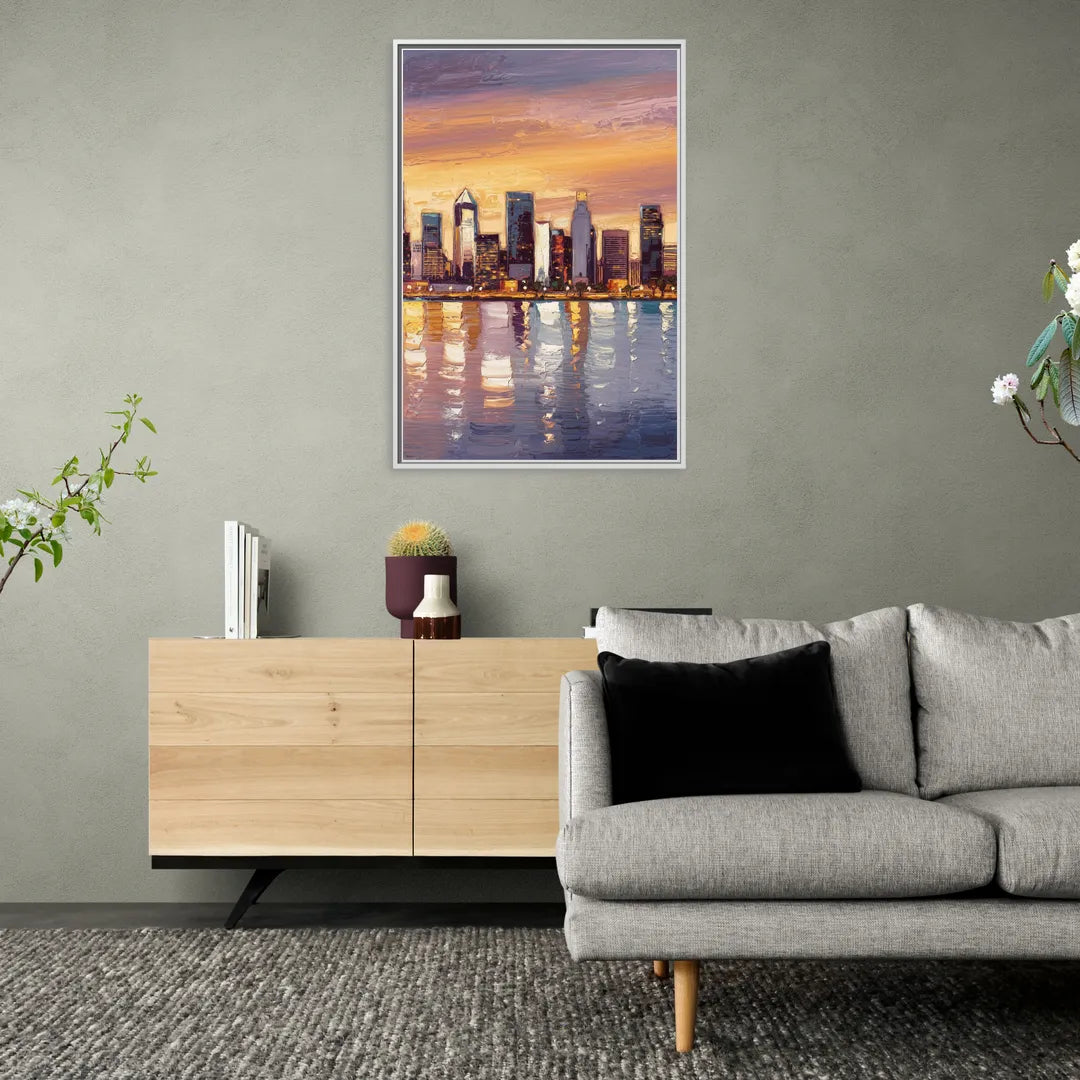 San Diego Downtown Skyline - Living Room White Frame Canvas