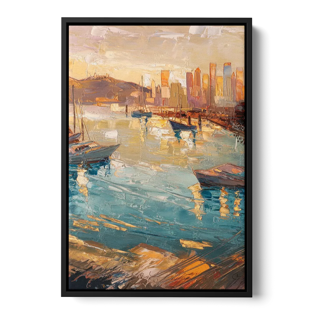 San Diego Harbor View Coastal Front - Black Canvas Wall Art
