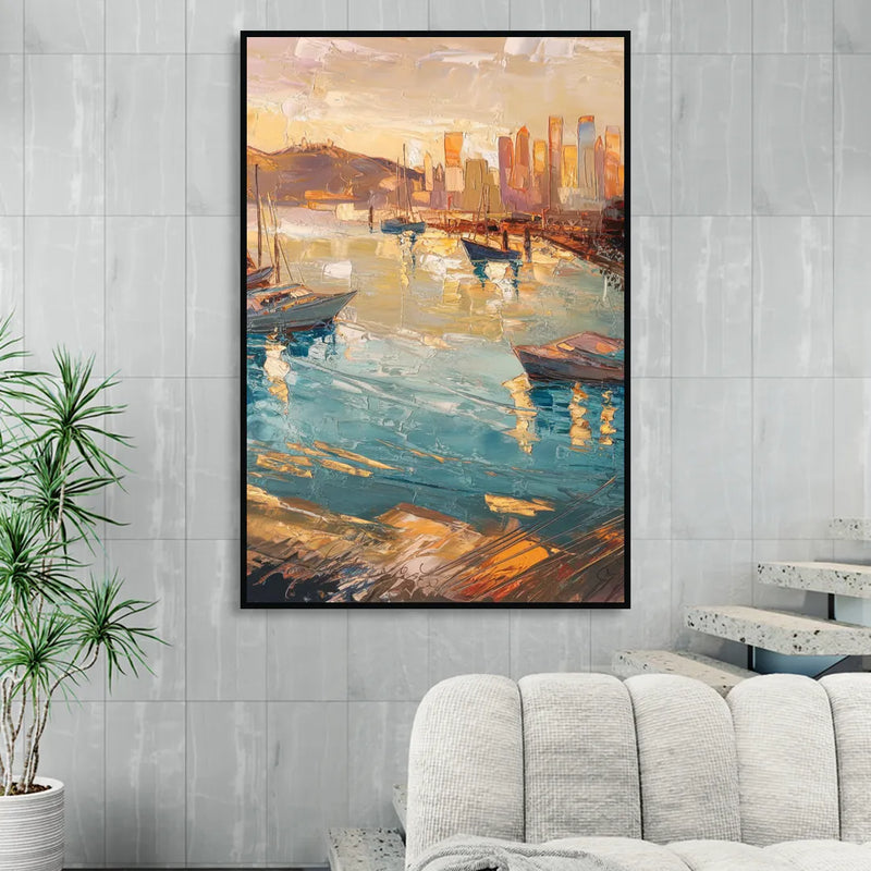 San Diego Harbor View Coastal Sitting Room - Black Canvas Wall Art