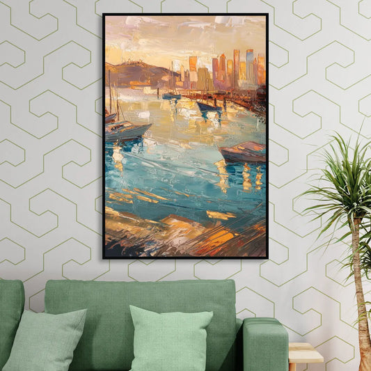 San Diego Harbor View Coastal Living Room - Black Canvas Wall Art