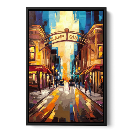 San Diego Historic Gaslamp District - Black Framed Canvas Wall Art - Front
