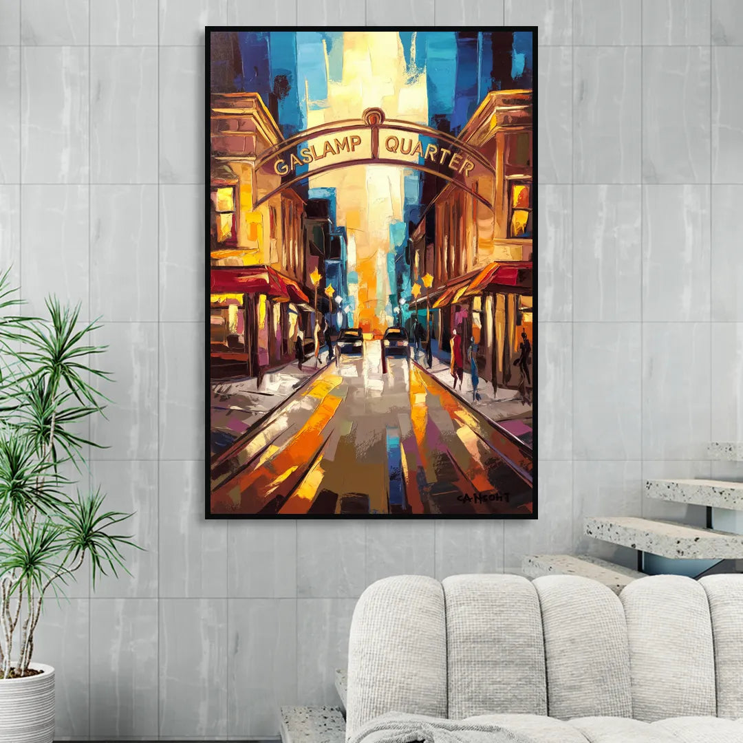 San Diego Historic Gaslamp District Living Room - Black Canvas Wall Art