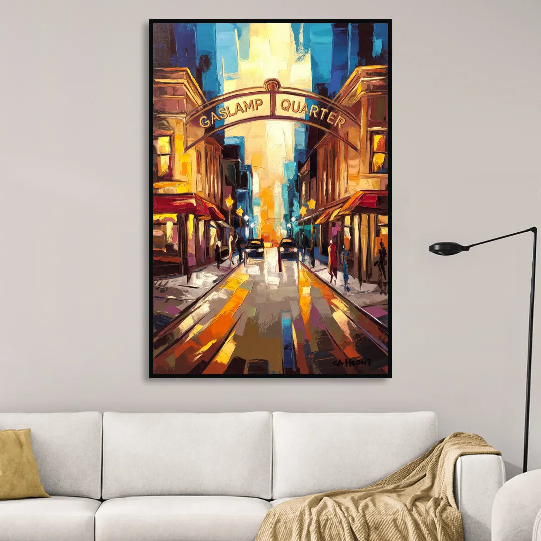 San Diego Historic Gaslamp District Sitting Room - Black Canvas Wall Art