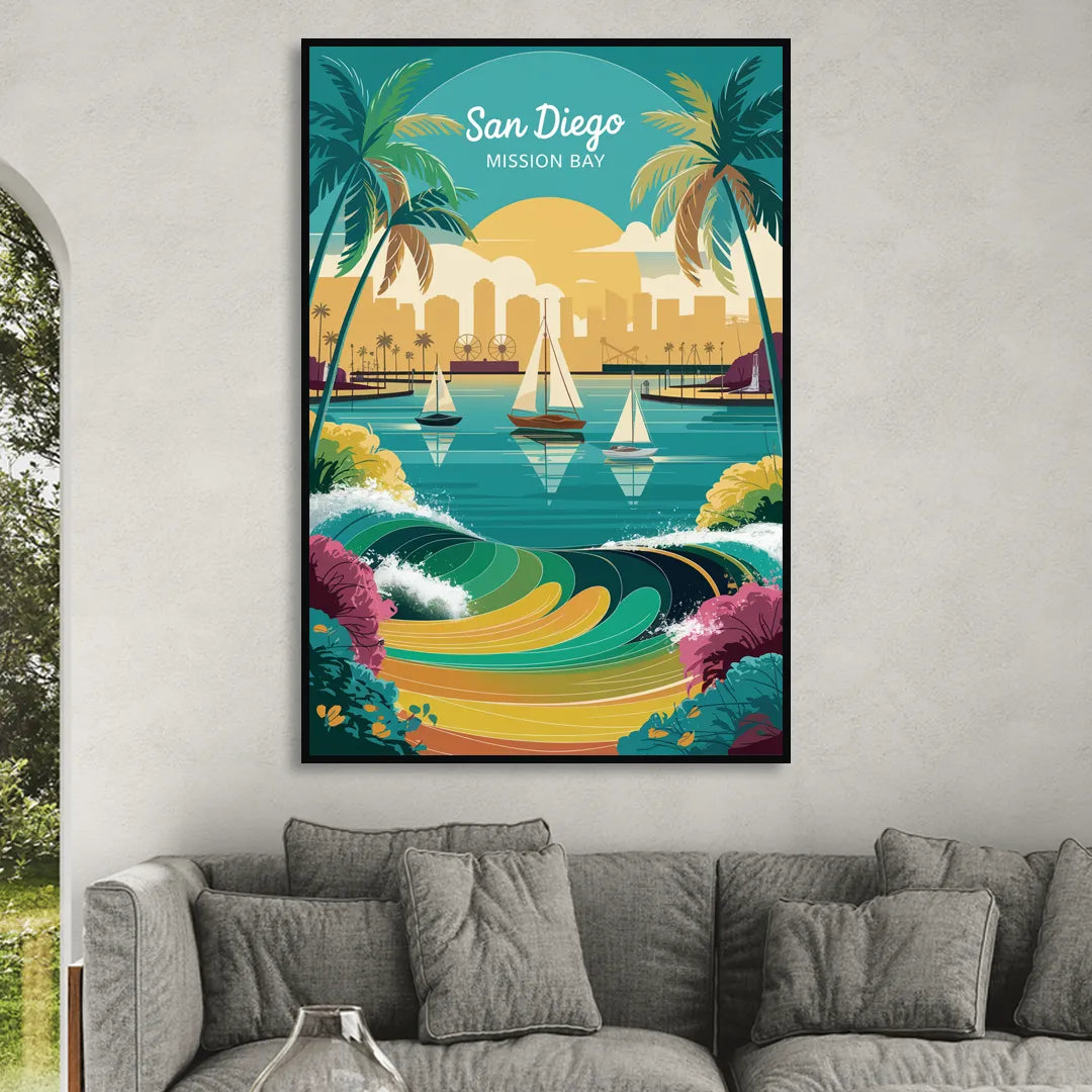 San Diego Mission Bay Views Living Room - Black Canvas Wall Art