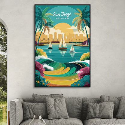 San Diego Mission Bay Views Living Room - Black Canvas Wall Art