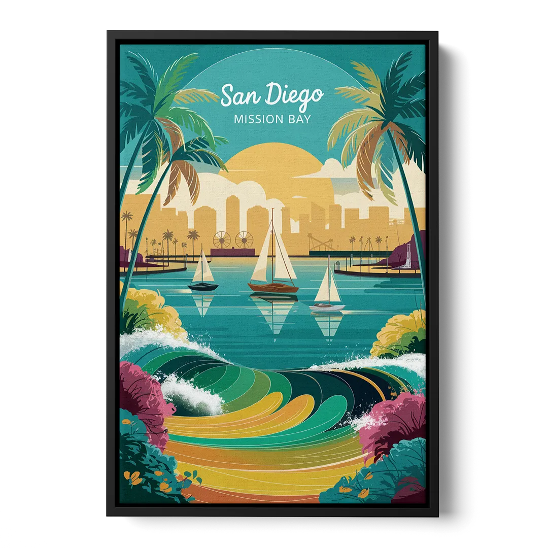 San Diego Mission Bay Views Front - Black Canvas Wall Art