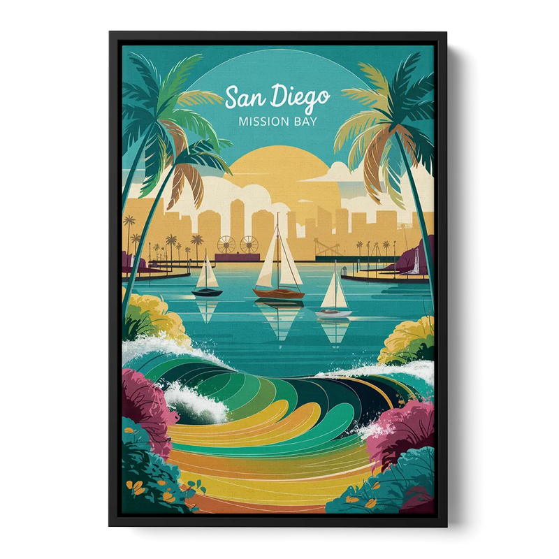 San Diego Mission Bay Views Front - Black Canvas Wall Art