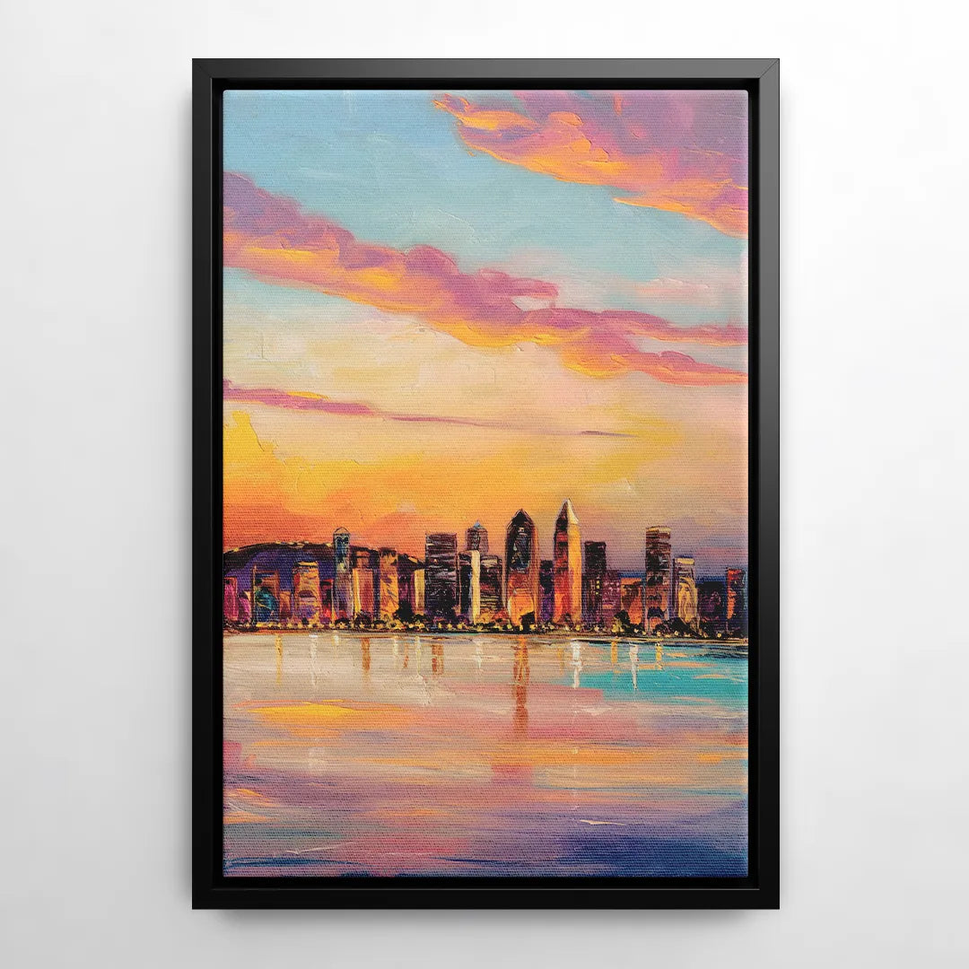 San Diego Skyline Sunset - Black Frame Canvas