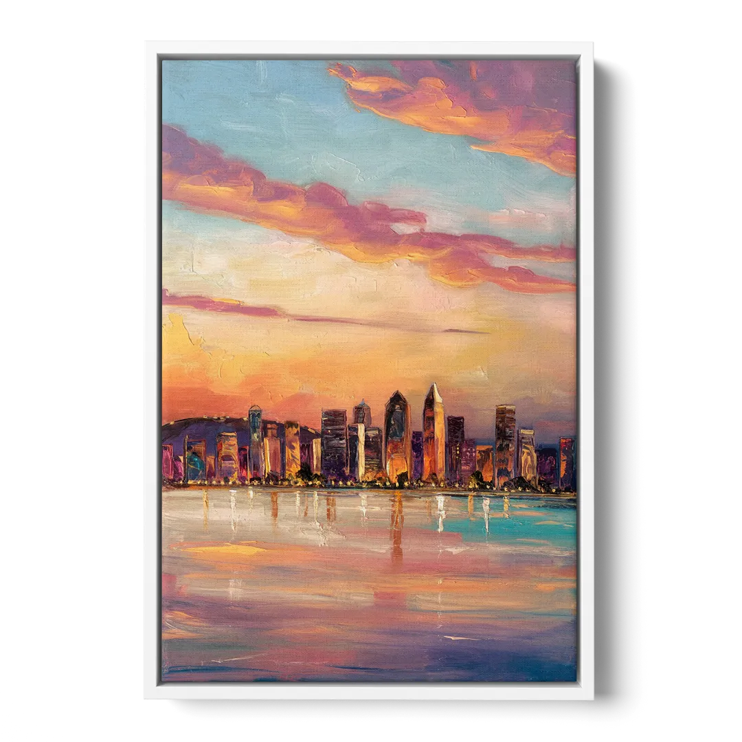 San Diego Skyline Sunset Front - White Canvas Wall Art