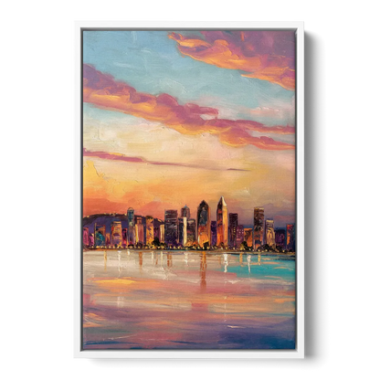 San Diego Skyline Sunset Front - White Canvas Wall Art