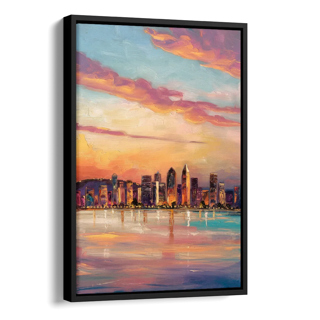 San Diego Skyline Sunset Side - Black Canvas Wall Art