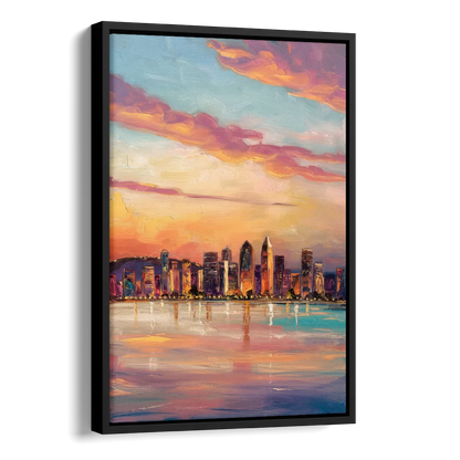 San Diego Skyline Sunset Side - Black Canvas Wall Art