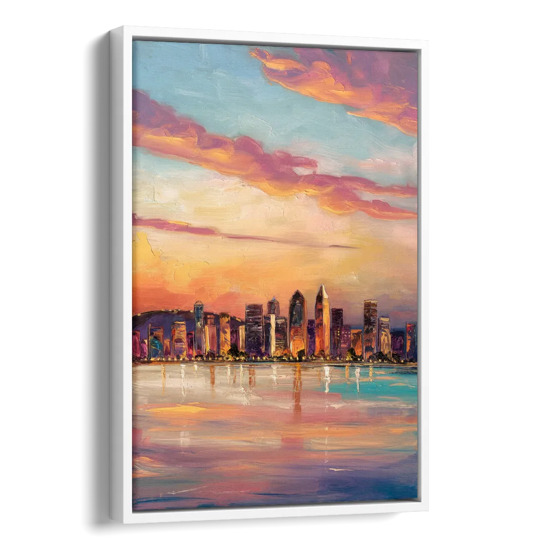 San Diego Skyline Sunset Side - White Canvas Wall Art