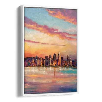 San Diego Skyline Sunset Side - White Canvas Wall Art