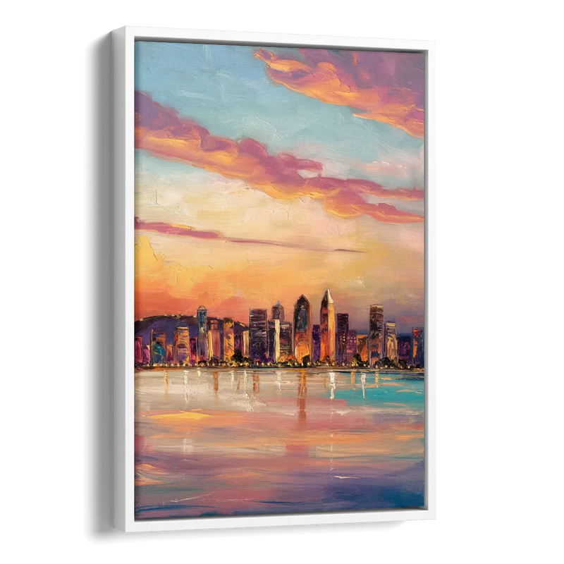 San Diego Skyline Sunset Side - White Canvas Wall Art