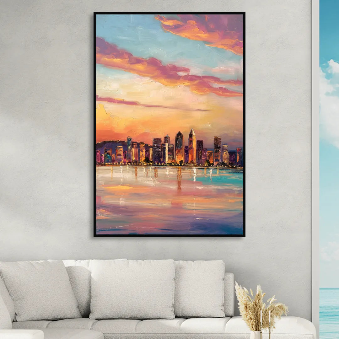 San Diego Skyline Sunset Living Room - Black Canvas Wall Art