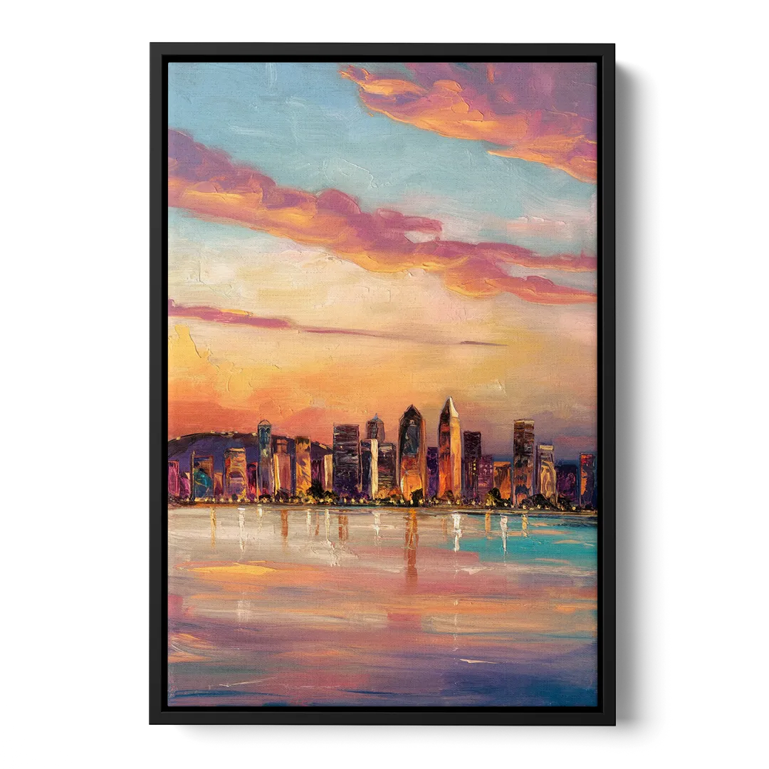 San Diego Skyline Sunset Front - Black Canvas Wall Art