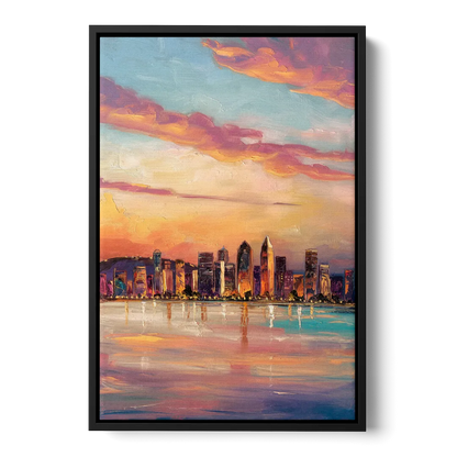 San Diego Skyline Sunset Front - Black Canvas Wall Art