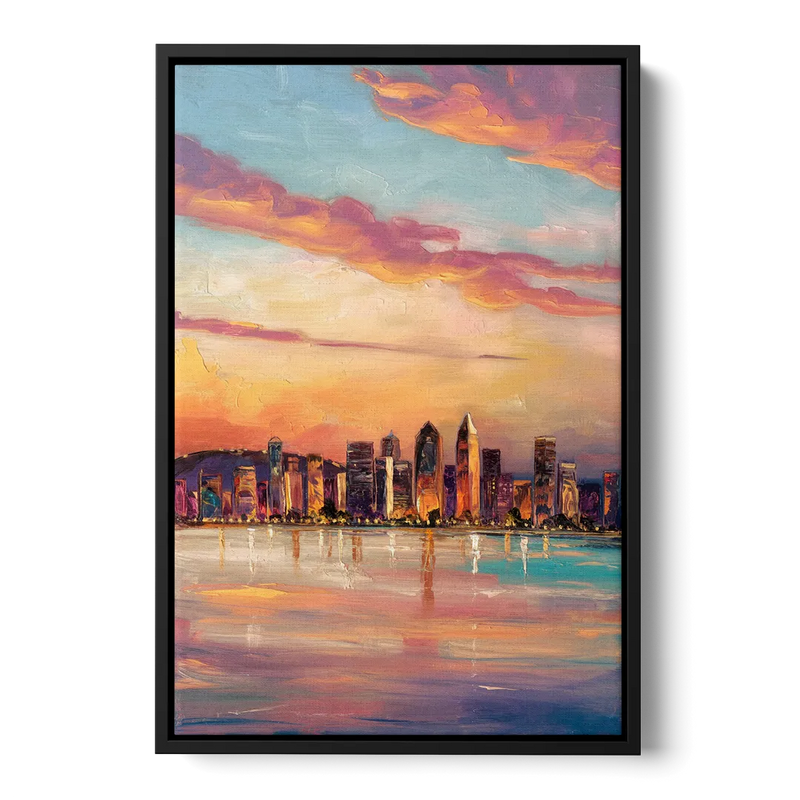 San Diego Skyline Sunset Front - Black Canvas Wall Art