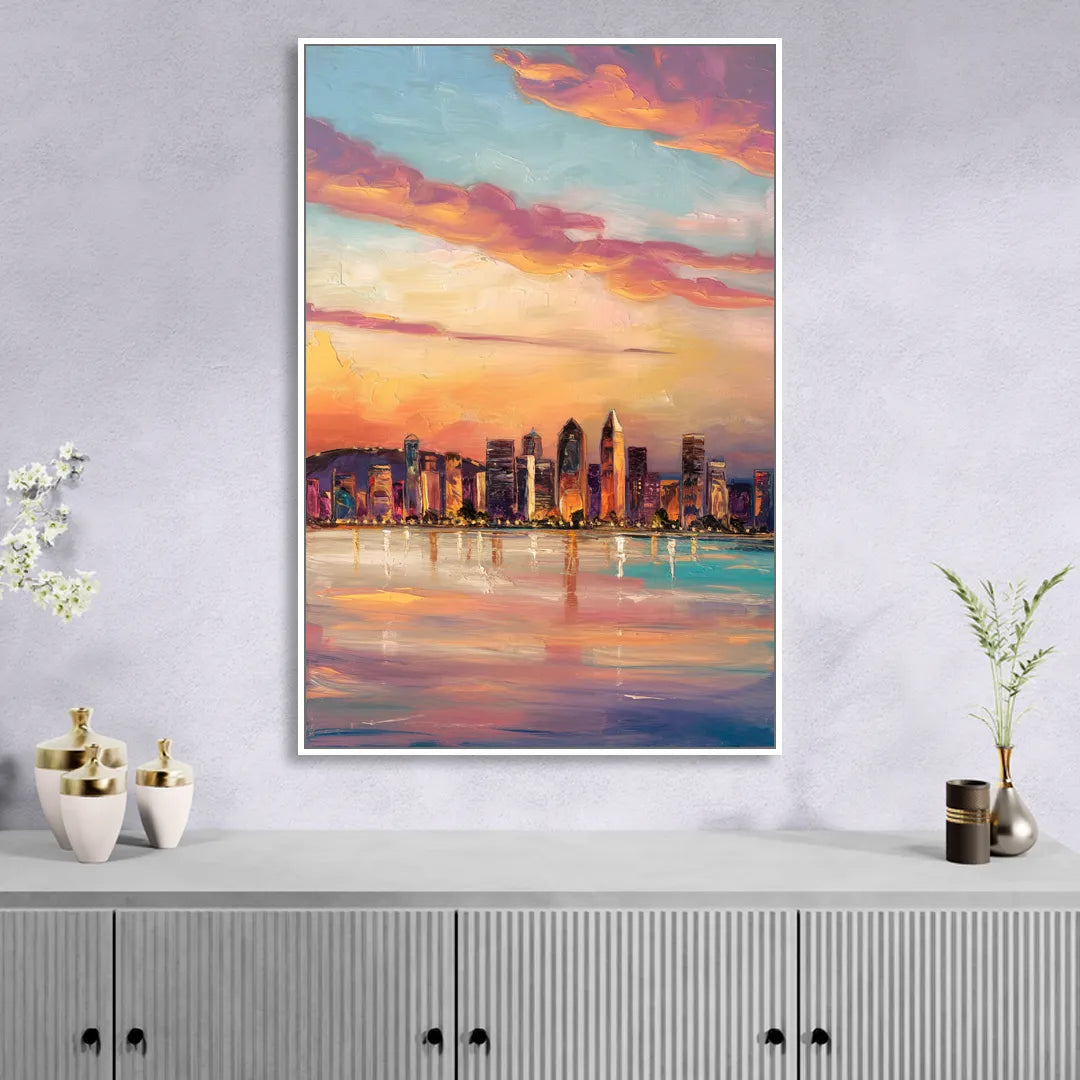San Diego Skyline Sunset Sitting Room - White Canvas Wall Art