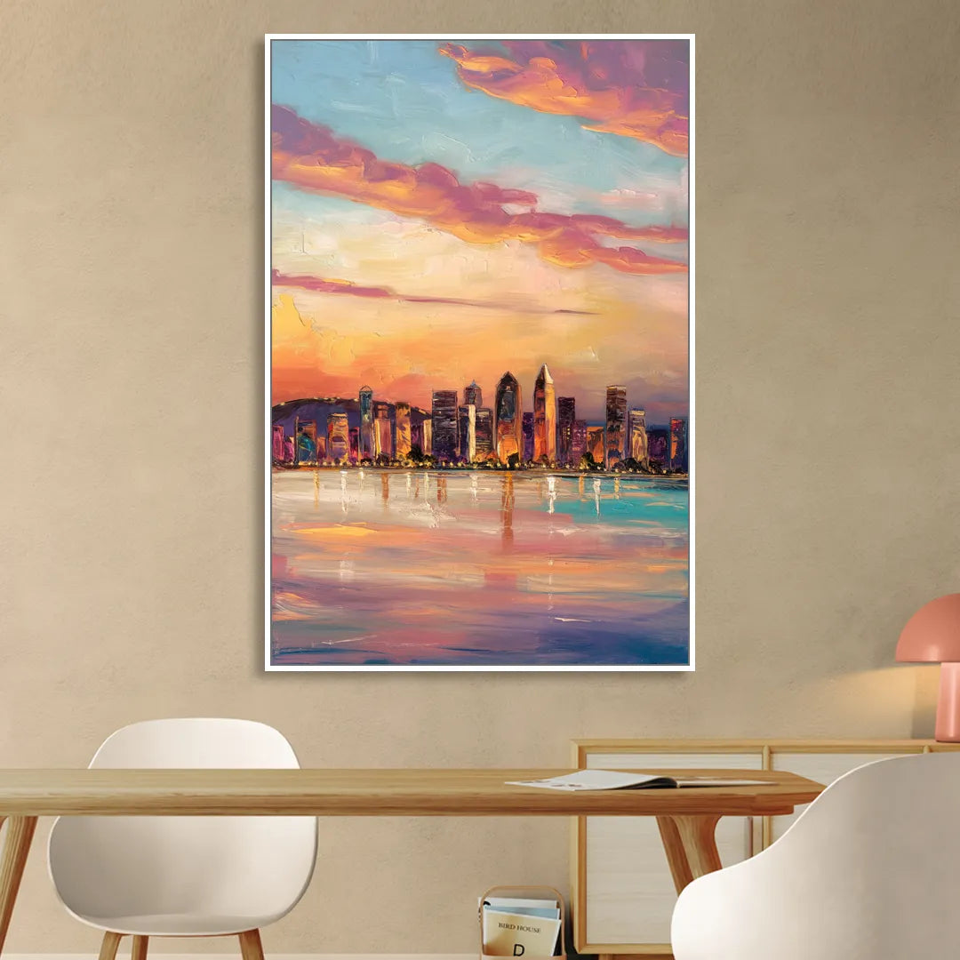 San Diego Skyline Sunset Living Room - White Canvas Wall Art