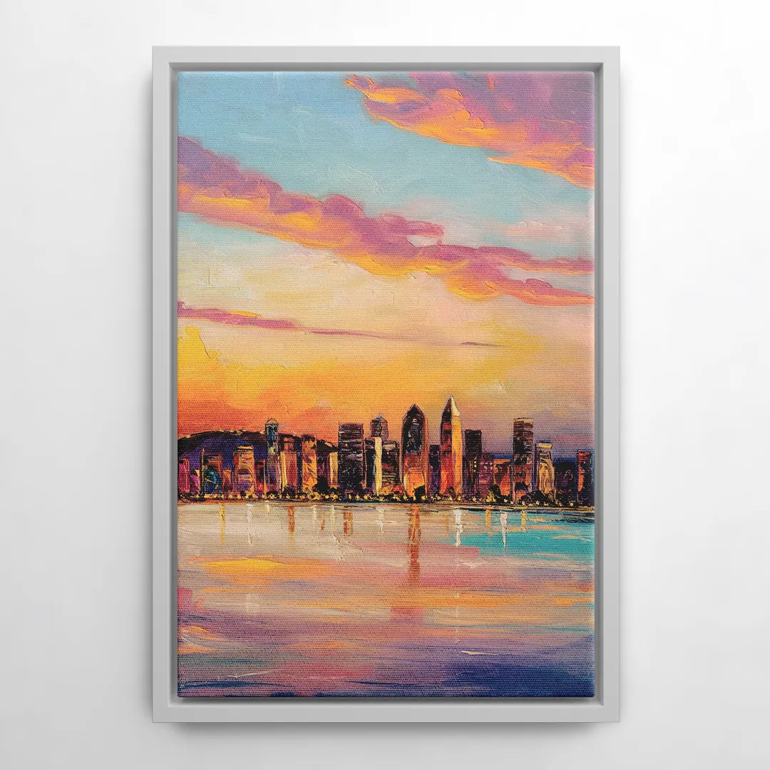 San Diego Skyline Sunset - White Frame Canvas