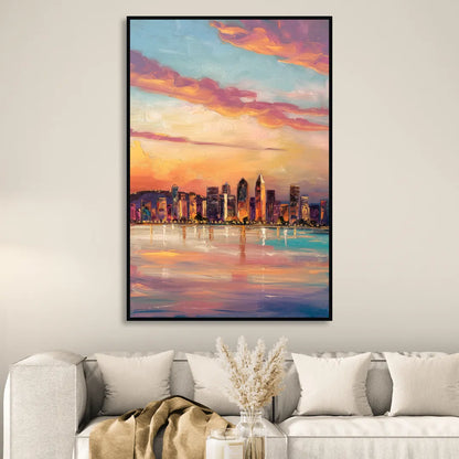 San Diego Skyline Sunset Sitting Room - Black Canvas Wall Art