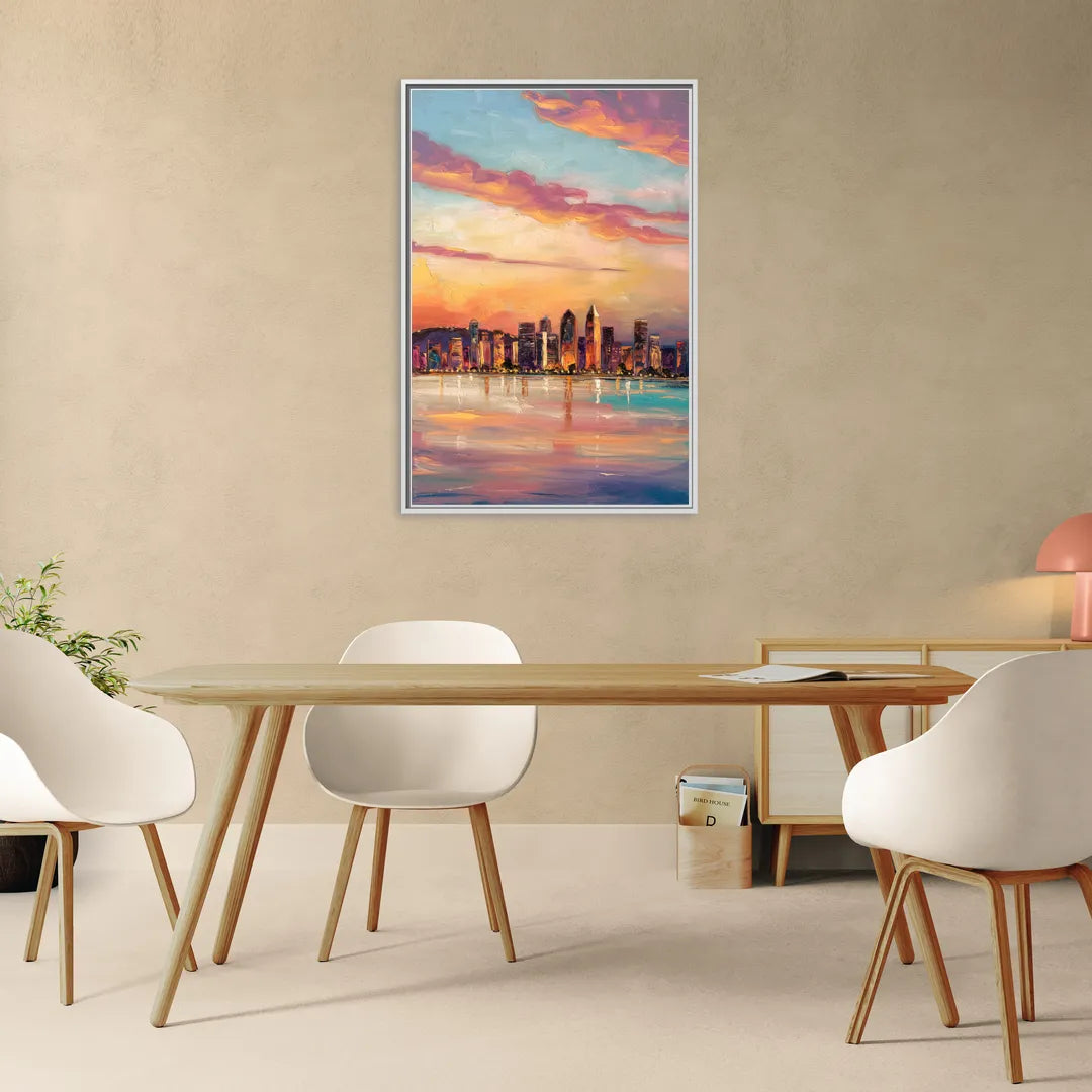 San Diego Skyline Sunset - Living Room White Frame Canvas