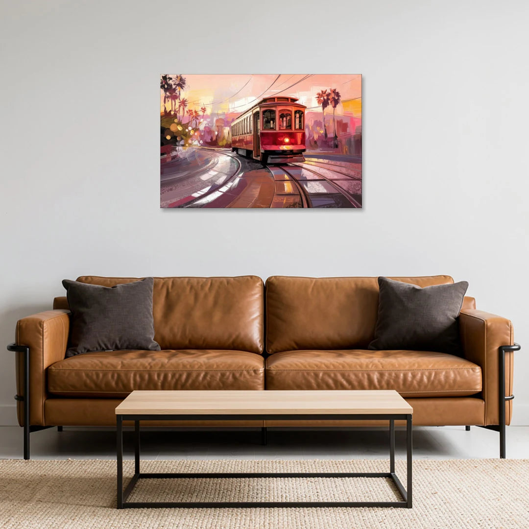 San Diego Trolley At Sunset - Canvas Wall Art - Sofa - 36x24