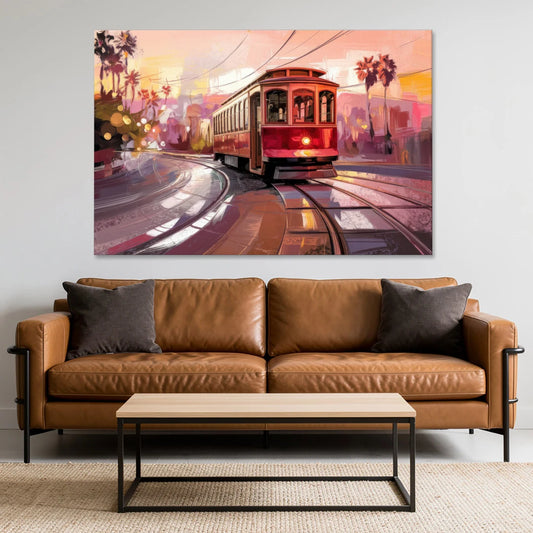 San Diego Trolley At Sunset - Canvas Wall Art - Sofa - 60x40