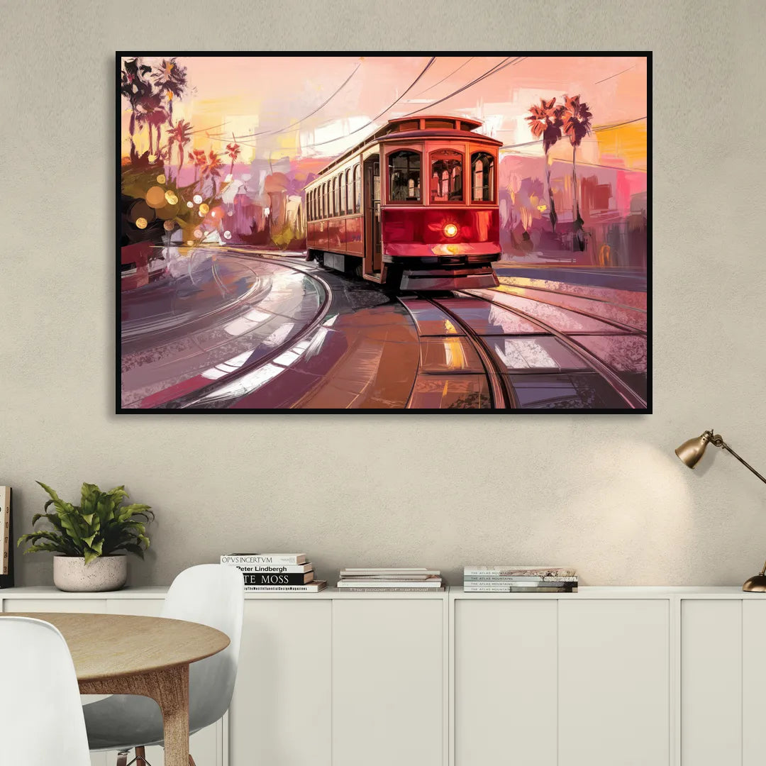 San Diego Trolley At Sunset Sitting Room - Black Canvas Wall Art