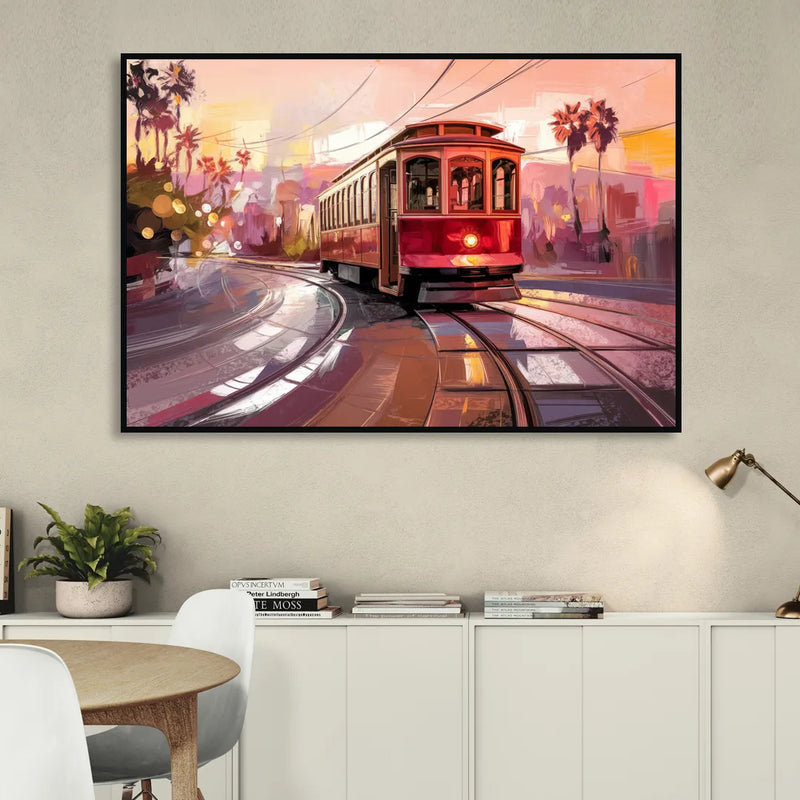 San Diego Trolley At Sunset Sitting Room - Black Canvas Wall Art