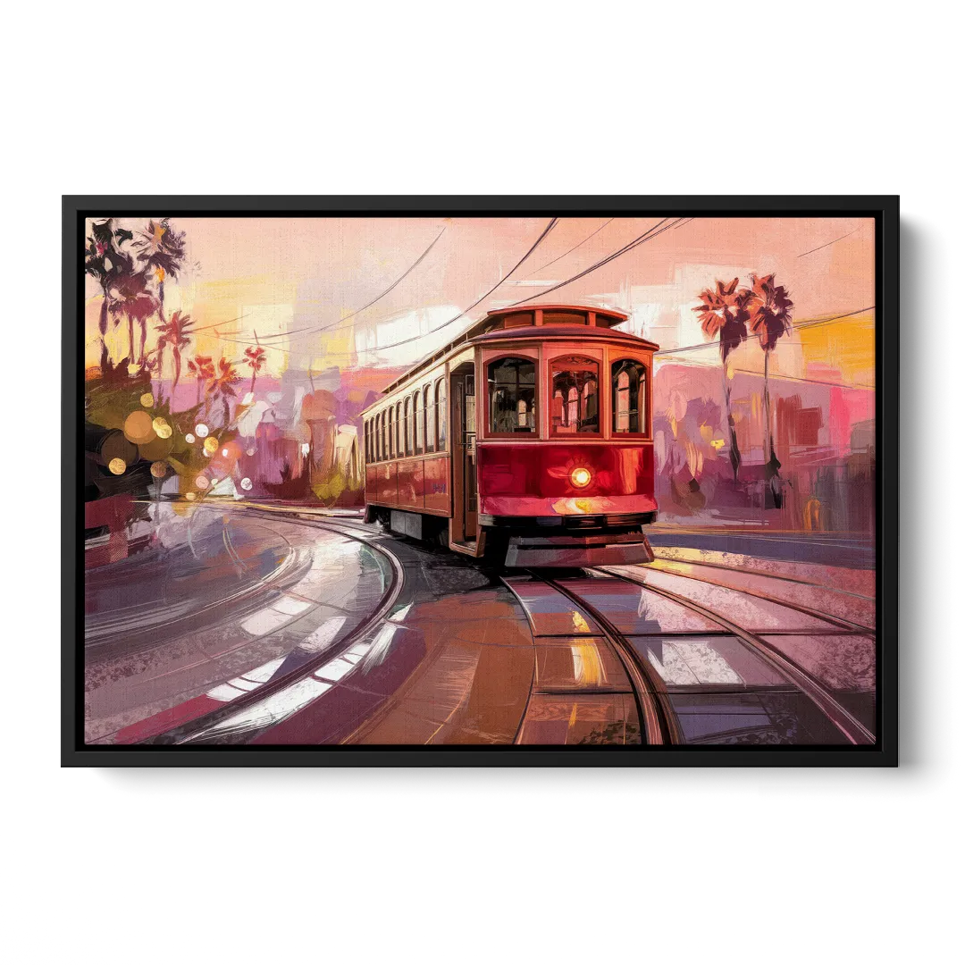 San Diego Trolley At Sunset Front - Black Canvas Wall Art