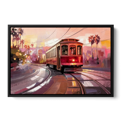 San Diego Trolley At Sunset Front - Black Canvas Wall Art