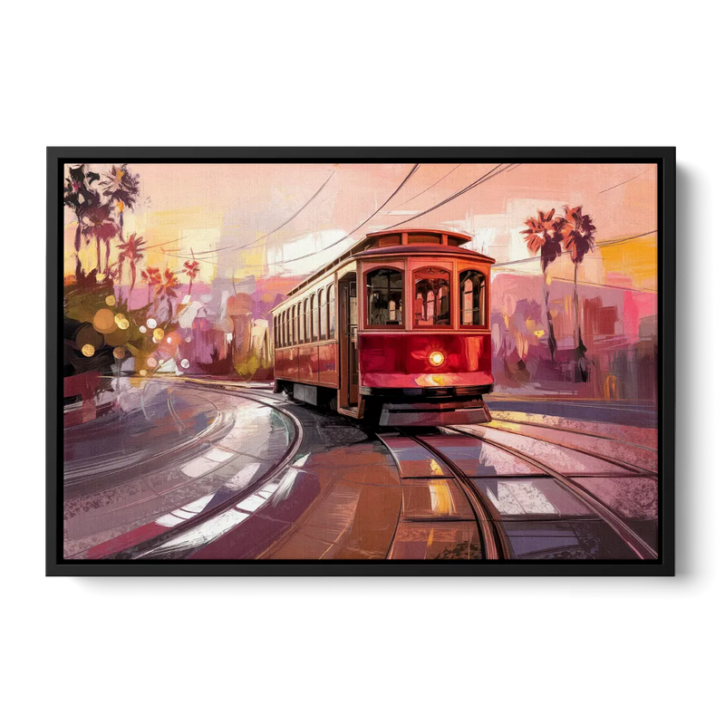 San Diego Trolley At Sunset Front - Black Canvas Wall Art