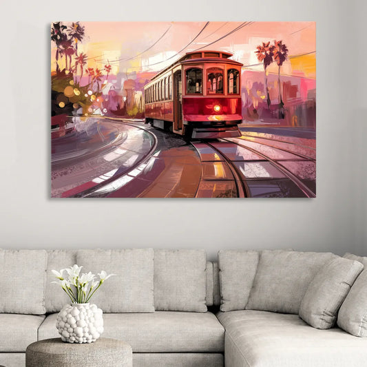 San Diego Trolley At Sunset Living Room - Canvas Wall Art