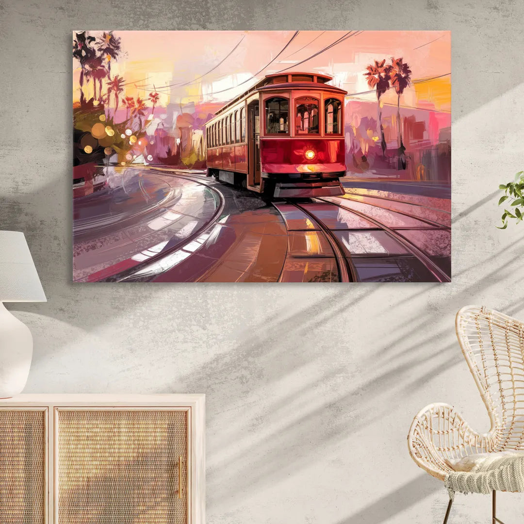 San Diego Trolley At Sunset Sitting Room - Canvas Wall Art