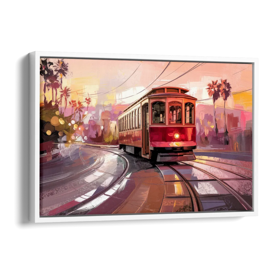San Diego Trolley At Sunset Side - White Canvas Wall Art