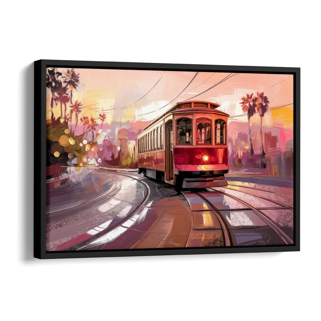 San Diego Trolley At Sunset Side - Black Canvas Wall Art