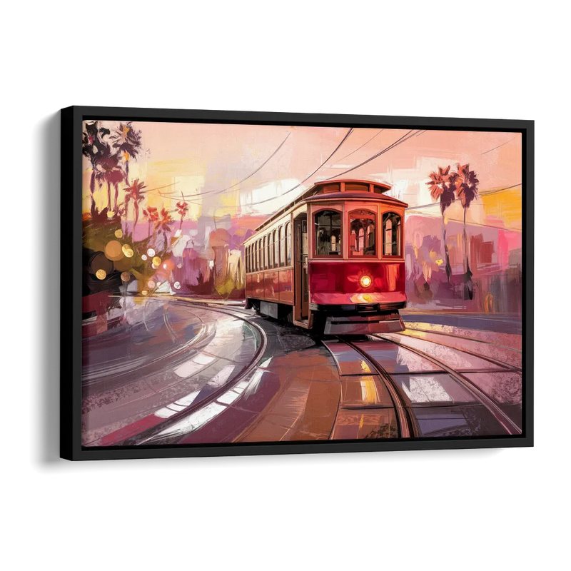 San Diego Trolley At Sunset Side - Black Canvas Wall Art