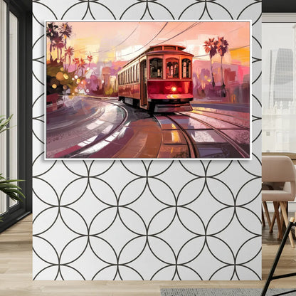 San Diego Trolley At Sunset Living Room - White Canvas Wall Art