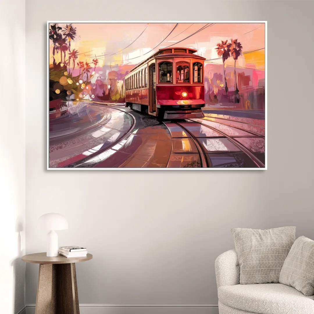 San Diego Trolley At Sunset Sitting Room - White Canvas Wall Art